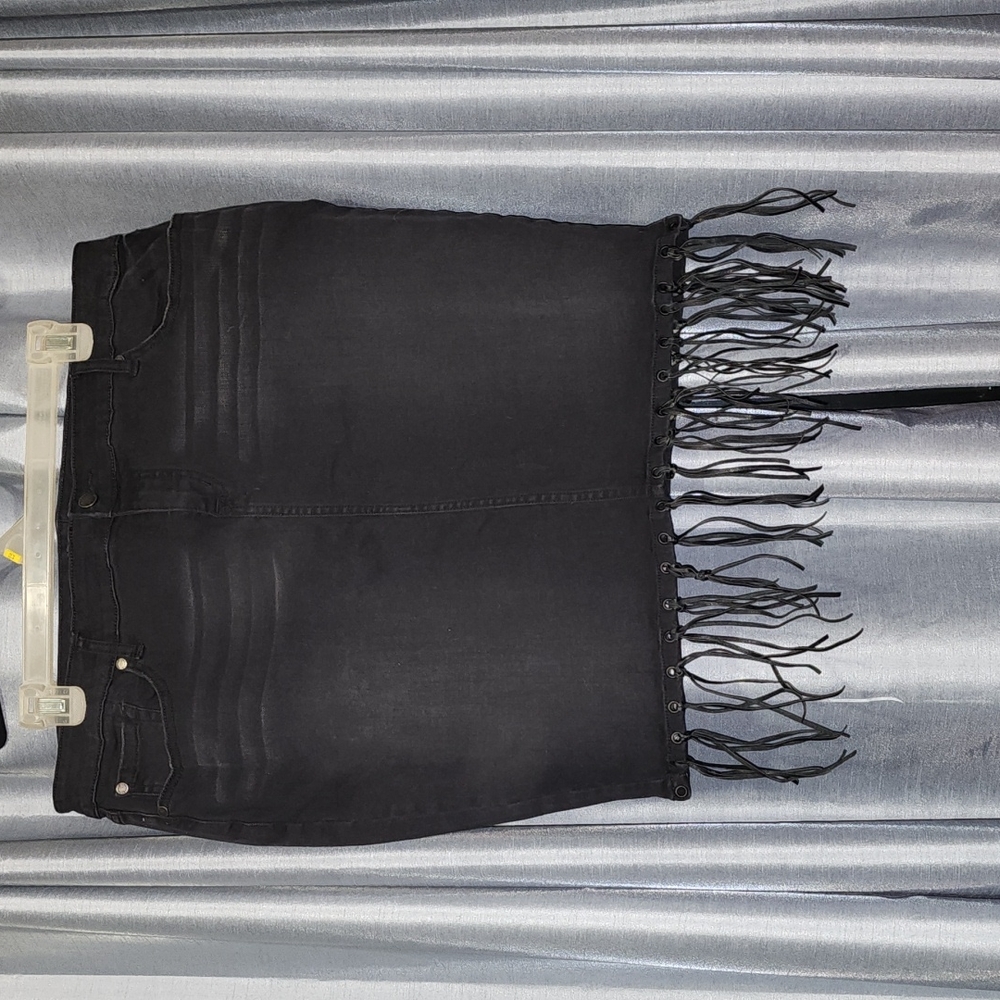 Black Denim Tassle Pencil Skirt